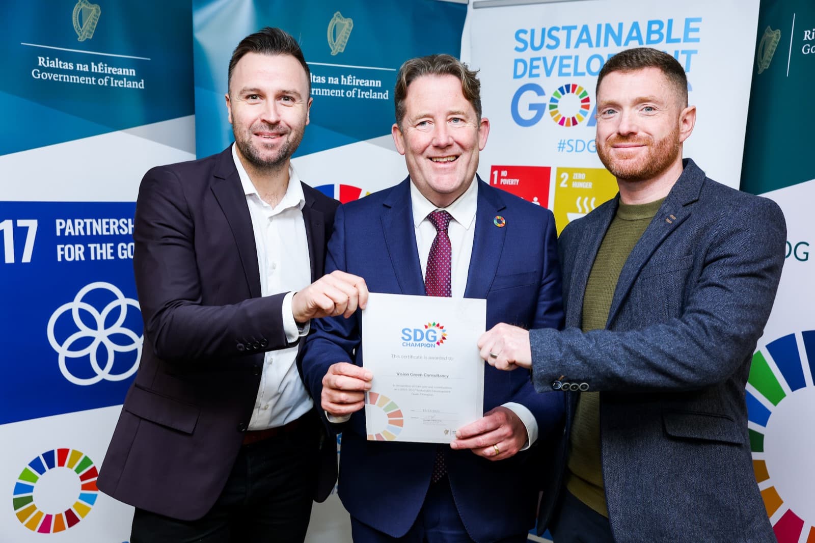 Minister Darragh O'Brien with John Pakenham and Ronan Murphy at the UN SDG Champions launch.
