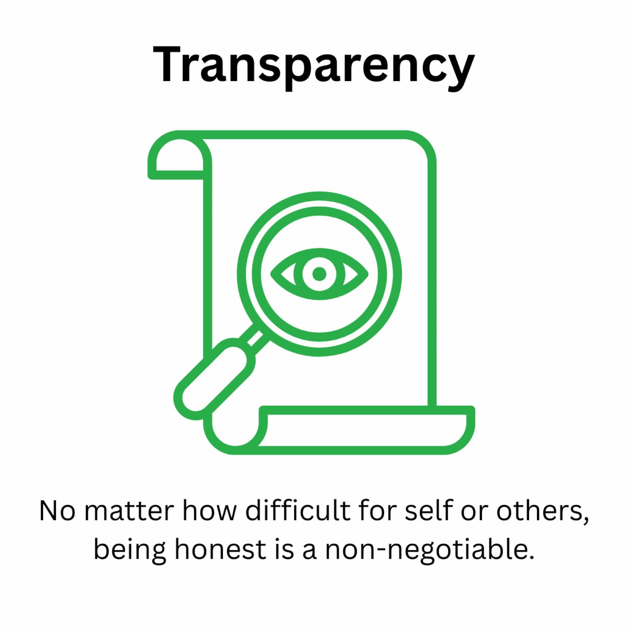 Transparency: No matter how difficult for self or others, being honest is a non-negotiable.
